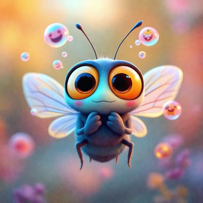 The primary subject of the image is a cute, colorful, and cartoon-like butterfly. The butterfly is surrounded by a vibrant and lively environment, with a field of flowers and bubbles in the background. The visual style of the image is a mix of digital art and illustration, creating a whimsical and playful atmosphere. The colors and mood of the image are predominantly bright and cheerful, with the butterfly being the main focus and source of happiness.